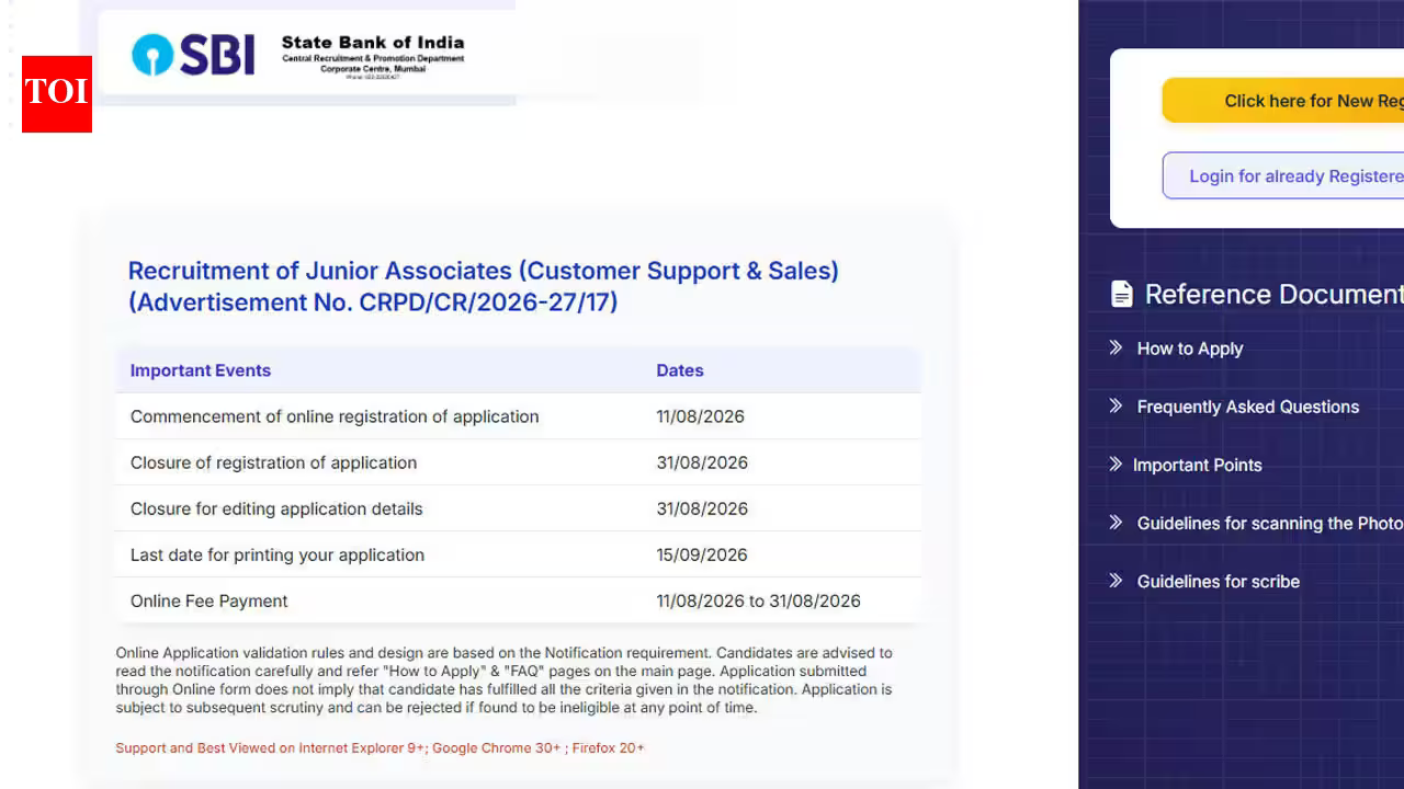 SBI Clerk Recruitment 2026: Notification for 9,766 vacancies released at sbi.bank.in; check important details and direct link here