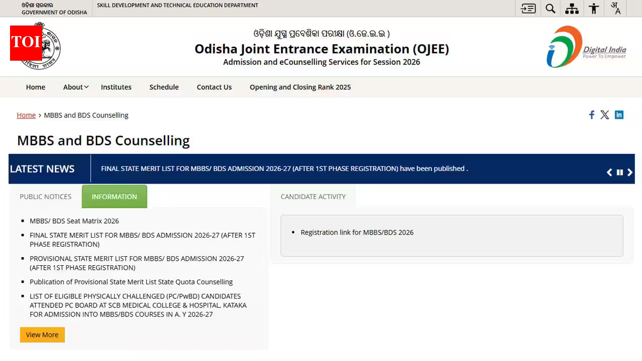 OJEE NEET rank list 2026 released for MBBS and BDS admission in Odisha; check seat matrix details here