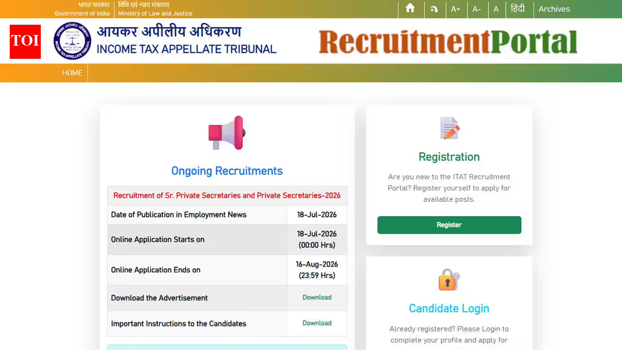 ITAT Private Secretary recruitment 2026: Apply by 11:59 PM today for 42 vacancies; direct link