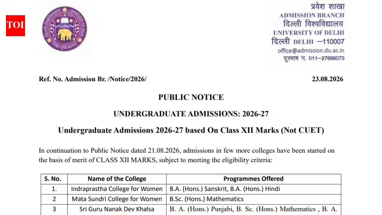 DU UG admissions 2026: 9 more colleges added for Class 12 marks-based admission; check courses and complete list