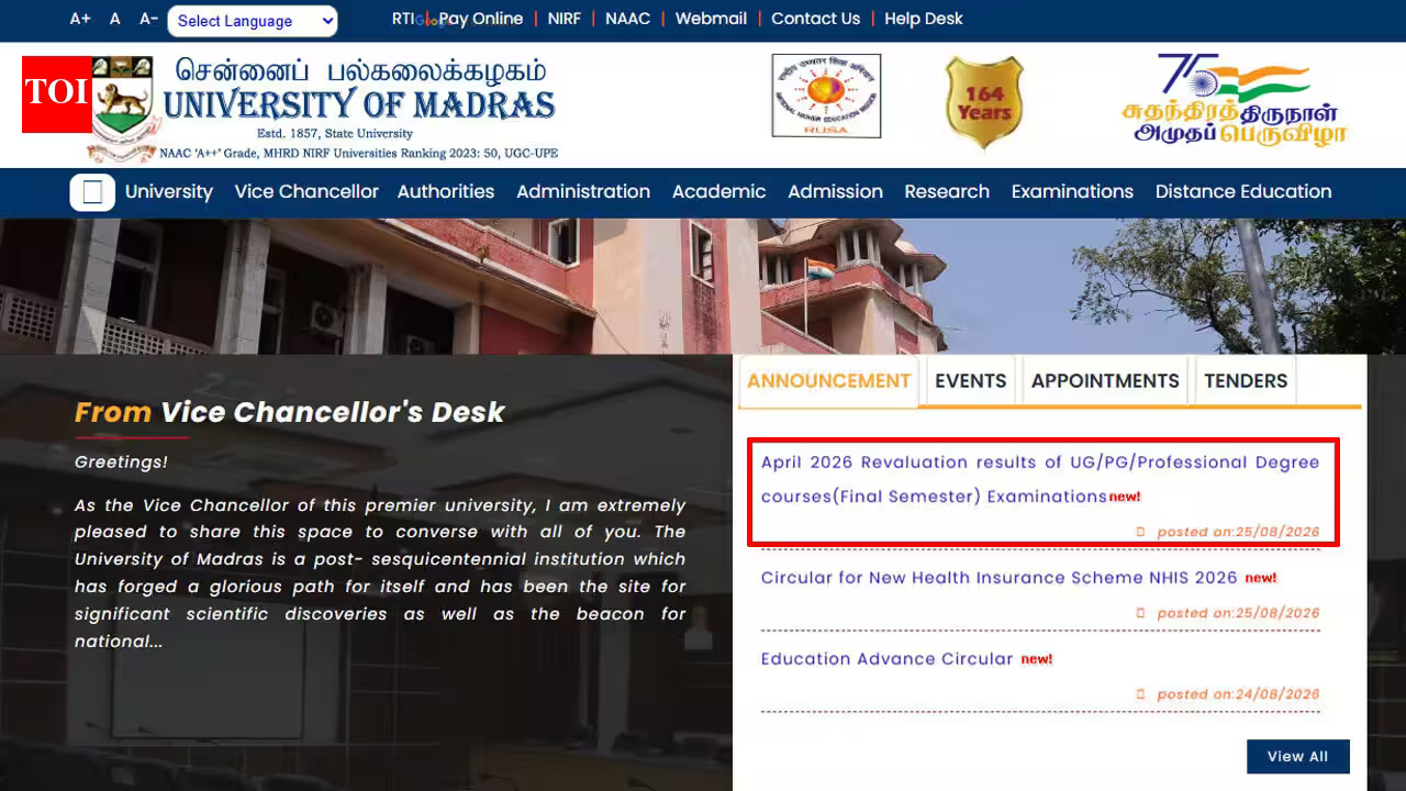 UNOM Madras revaluation results 2026 out: Check April final semester marks using register number here