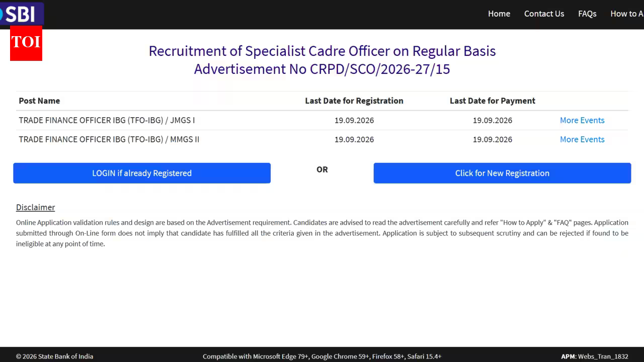 SBI recruitment 2026: Registration underway for Trade Finance Officer posts; check eligibility, direct link to apply