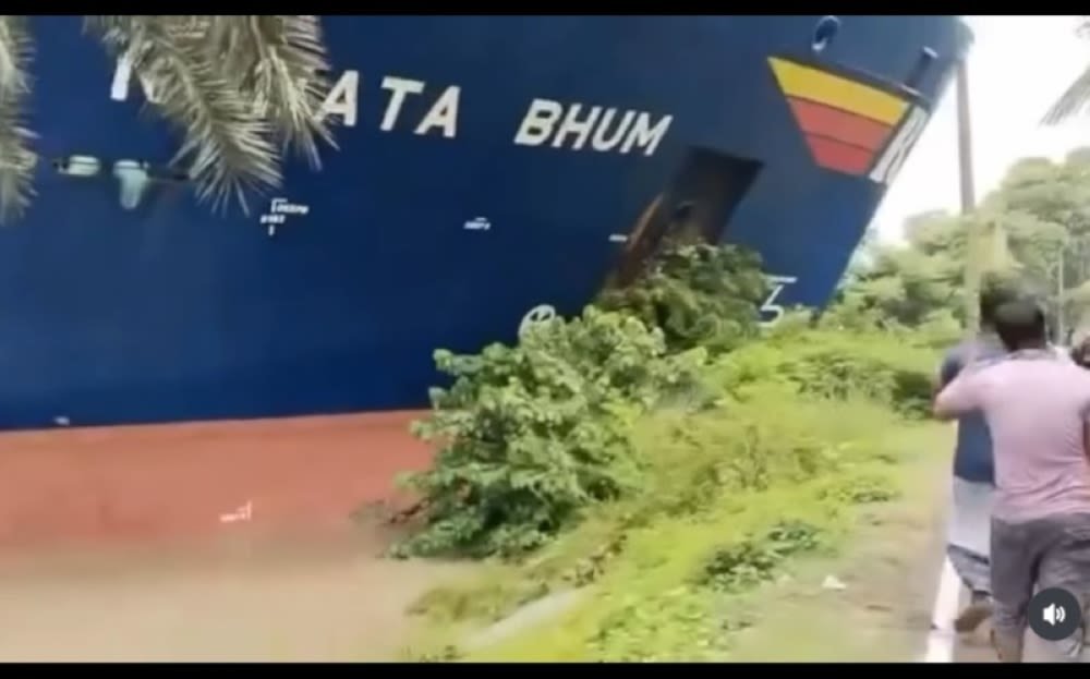 Singapore-flagged container ship crashes into riverbank in India after steering failure (VIDEO)